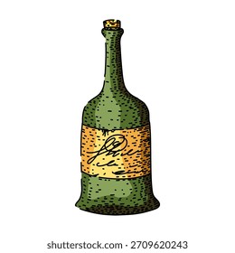 Botella de vidrio con textura orgánica y una etiqueta detallada con una inscripción decorativa que representa los conceptos tradicionales de vinificación y bebidas