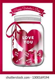 Glass bottle fill with love messages card on white background for valentine's day celebration greeting card design.