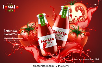 Glass bottle filled with fresh tomato juice and splashing liquid isolated on red background in 3d illustration