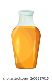 A glass bottle filled with golden orange liquid, sealed with a transparent cap. The bottle has a glossy finish and is depicted against a white background. Vector illustration
