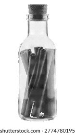 glass bottle filled with metallic silver pencils vector illustration with retro halftone texture