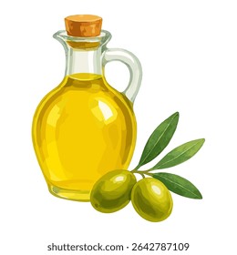A glass bottle filled with olive oil, accompanied by olives and green leaves on a white background. Perfect for healthy cooking designs and organic product branding