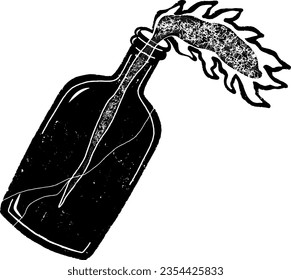 Glass bottle with flammable liquid. Illustration in linocut style. Vector texture element for design