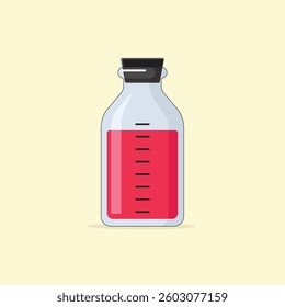 Glass bottle flask with stopper and  red liquid inside. Laboratory equipment vector illustration.