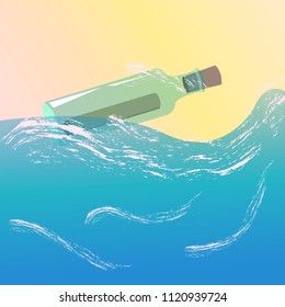 A glass bottle floating in the ocean with a message inside. Vector illustration.