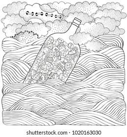 Glass bottle floating on the waves. Seaside, jar, sea, art background.  Hand-drawn doodle vector. Zentangle style. Black and white pattern for adult coloring book. 