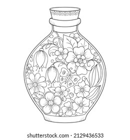 Glass bottle with floral pattern in mehndi style for coloring book page.. Antistress for adults and children. Doodle ornament in black and white. Hand draw vector illustration.