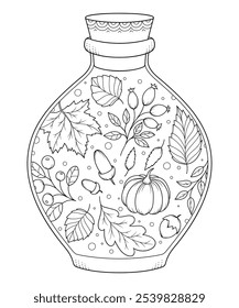 Glass bottle with floral pattern in mehndi style for coloring book page. Antistress for adults and children. Doodle ornament in black and white. Hand draw vector illustration.