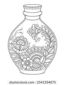 Glass bottle with floral pattern in mehndi style for coloring book page. Antistress for adults and children. Doodle ornament in black and white. Hand draw vector illustration.