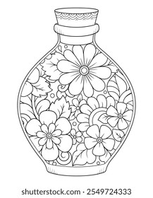 Glass bottle with floral pattern in mehndi style for coloring book page. Antistress for adults and children. Doodle ornament in black and white. Hand draw vector illustration.