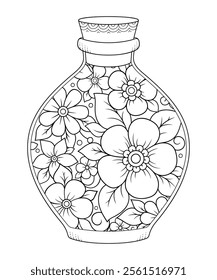 Glass bottle with floral pattern in mehndi style for coloring book page. Antistress for adults and children. Doodle ornament in black and white. Hand draw vector illustration.
