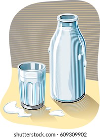 Glass and bottle of fresh pasteurized milk leaning on a table.