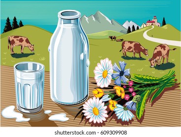 Glass and bottle of fresh pasteurized milk, a bunch of wild flowers and agricultural landscape with grazing cows.