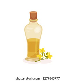 Glass bottle of fresh rapeseed oil and small yellow flowers. Natural product. Cooking ingredient. Flat vector icon