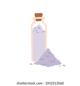 Frasco de vidrio lleno de sal de baño aromática y cúpula de polvo de cristal. Producto cosmético orgánico con fragancia de lavanda para el spa y la belleza. Ilustración vectorial plana coloreada aislada en fondo blanco