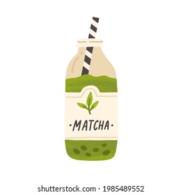 Botella de vidrio llena de refresco verde matcha. Té o café helado japonés refrescante con paja. Bebida tradicional asiática natural. Ilustración vectorial plana aislada en fondo blanco