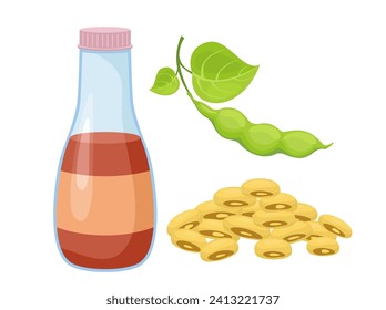Glass bottle full of soy sauce. Soy beans. Logo, icon and label for your design. Vector illustration in flat style isolated on white background. Naturally brewed.