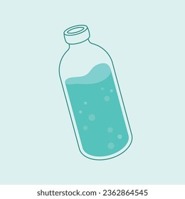 Glass bottle full of water element. Simple vector illustration with outline. Blue colors, water balance element, flat style sticker