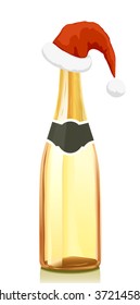 Glass bottle of gold Champagne wine and red hat of Santa Claus. Serie of images. You can find many various types of realistic vector illustrations of wine bottles in my portfolio

