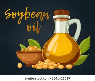 Botella de vidrio de aceite de soja dorado con tazón de cerámica relleno de ícono de Vector de soja, belleza natural y alimentación saludable. Botella transparente llena de aceite de soja junto con el tazón con soja fresca