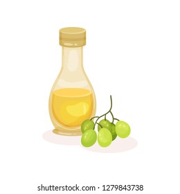 Glass bottle of grape seed oil and branch with green berries. Natural product. Cooking ingredient. Flat vector icon