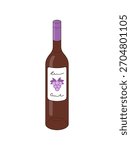 Glass bottle of grape wine. Packaging of alcohol drink with vine. Container with cool beverage, liquor, booze, spirits. Sweet red or rose vino. Flat isolated vector illustration on white background