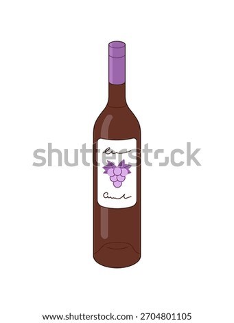 Glass bottle of grape wine. Packaging of alcohol drink with vine. Container with cool beverage, liquor, booze, spirits. Sweet red or rose vino. Flat isolated vector illustration on white background