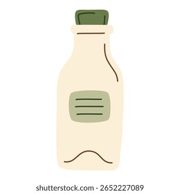Glass bottle with green cap, organic product packaging, eco-friendly container, reusable milk jar, sustainable food storage, minimalist design, hand-drawn element, vector illustration, modern flat