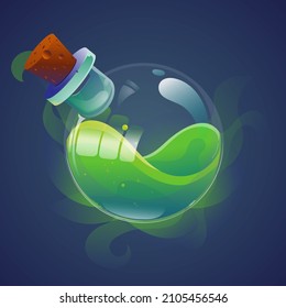 Glass bottle with green elixir and cork for game design. Gain to pass the level. Template for mobile, client and browser applications. Volumetric vector colorful object for stylization.