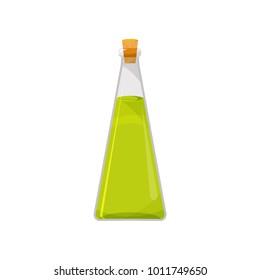Glass bottle of green food oil, organic healthy oil product cartoon vector Illustration