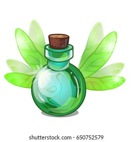 Glass bottle with green liquid closed tube isolated on white background. Inspiring magic potion. Vector cartoon close-up illustration.