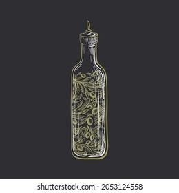 Glass bottle with green olive oil. Vector hand drawn vintage symbol. Farm organic product, engraved illustration