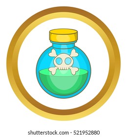 Glass bottle of green poison vector icon in golden circle, cartoon style isolated on white background