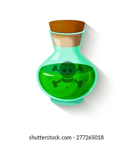 Glass bottle with a green toxic liquid, poison symbol, vector illustration