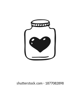 Glass bottle with heart. Hand drawn elements about love. Design element isolated on white. Happy Valentine's Day background. Vector illustration.