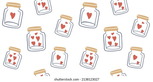 glass bottle and hearts. funny seamless background.