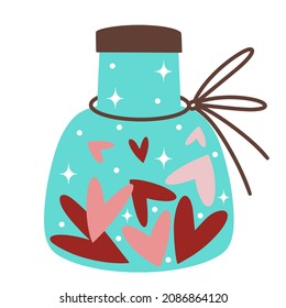 Glass bottle with hearts inside vector icon. Hand-drawn vintage illustration. Vial decorated with a ribbon. Love elixir, hearts and stars. Romantic concept for the design of cards, invitations, web