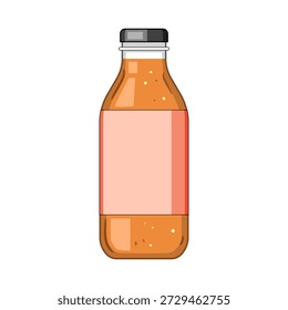 Glass bottle holding a refreshing, pulpy orange or peach colored fruit juice, featuring a blank label on a white background, ideal for custom product packaging design and branding concepts