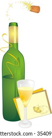 Glass, bottle and holiday card. Vector
