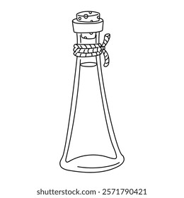 glass bottle with homemade olive oil, sealed with a stopper. Outline illustration in sketch style, coloring book. glass container for home use with a rope and closed with cork stopper. Isolated white