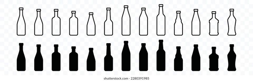 Juego de vectores de iconos de la botella de vidrio. Tipos de bebidas alcohólicas con trazo editable. Licor, bebidas, bar, cerveza, cócteles, carta de vinos y símbolos en línea y estilo plano. Ilustración del vector