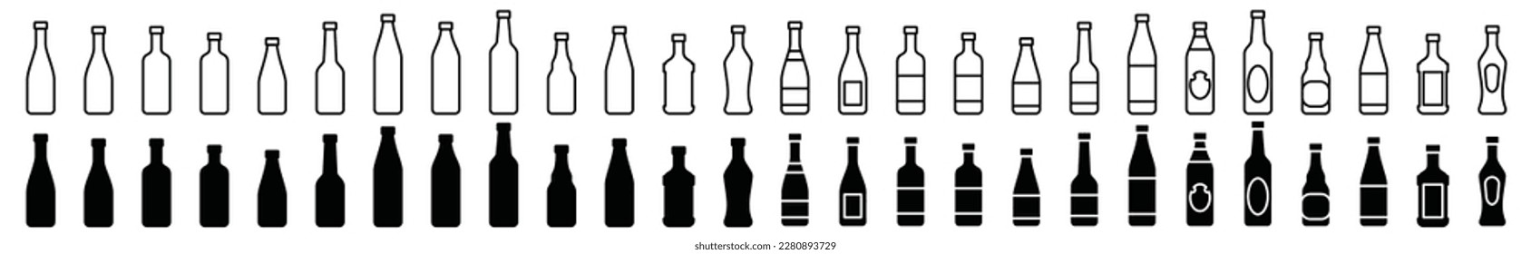 Glass Bottle icons vector set. Alcohol drinks types with editable stroke. Liquor, beverages, bar drink, beer, cocktails, wine sign and symbol in line and flat style. Vector illustration