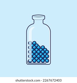 Glass bottle illustration with round candy or medication half filled with glare without cap