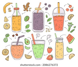 Glass bottle and jar with detox juice or smoothie with straw, hand drawn sketch vector illustration isolated on white background. Set of ingredients for healthy green cocktail recipe.