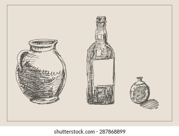 Glass bottle, jar and jug set, in engraving etching sketch hand drawing style, for kitchenware and  restaurant design