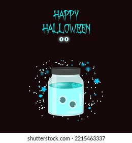 Glass bottle jar with a magical potion, sealed jar with sparkling blue elixir, isolated on a dark background. Design for Halloween. Vector illustration.