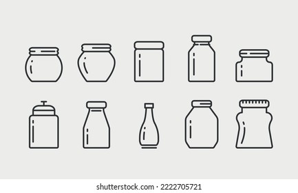 Glass bottle and jars line icons. Container for jelly, confiture, sauce, homemade conserve. The signs for food store. Editable Strokes. Vector illustration