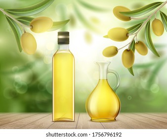 Glass bottle and jug with olive oil. Green olive tree with ripe fruits. Vector illustration.