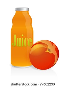 Glass bottle of juice with a peach. Vector illustration on white background