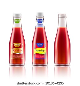 Glass bottle with ketchup, tomato juice or sauce. Package design template. Theme of food and drinks. Vector realistic 3d illustration.